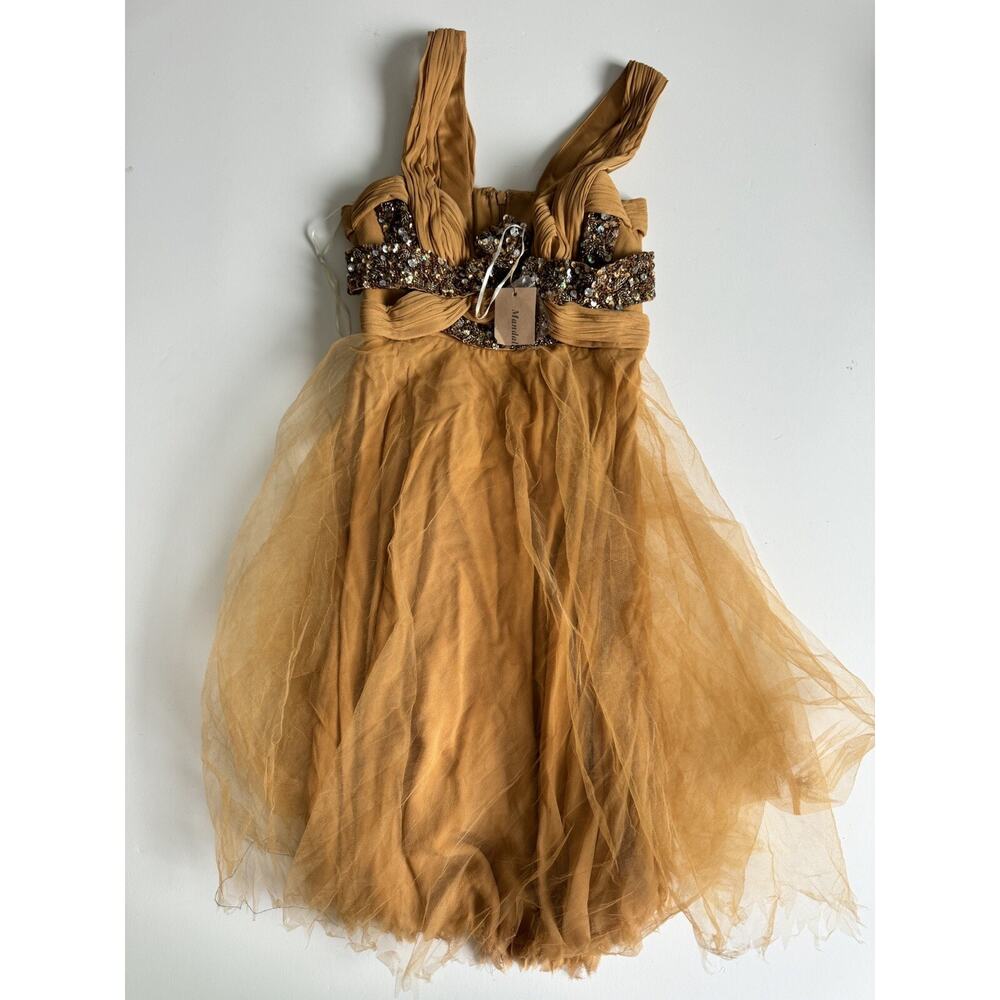 Mandalay Evening Cocktail Silk Midi Dress Size 6 NWT In GolD
